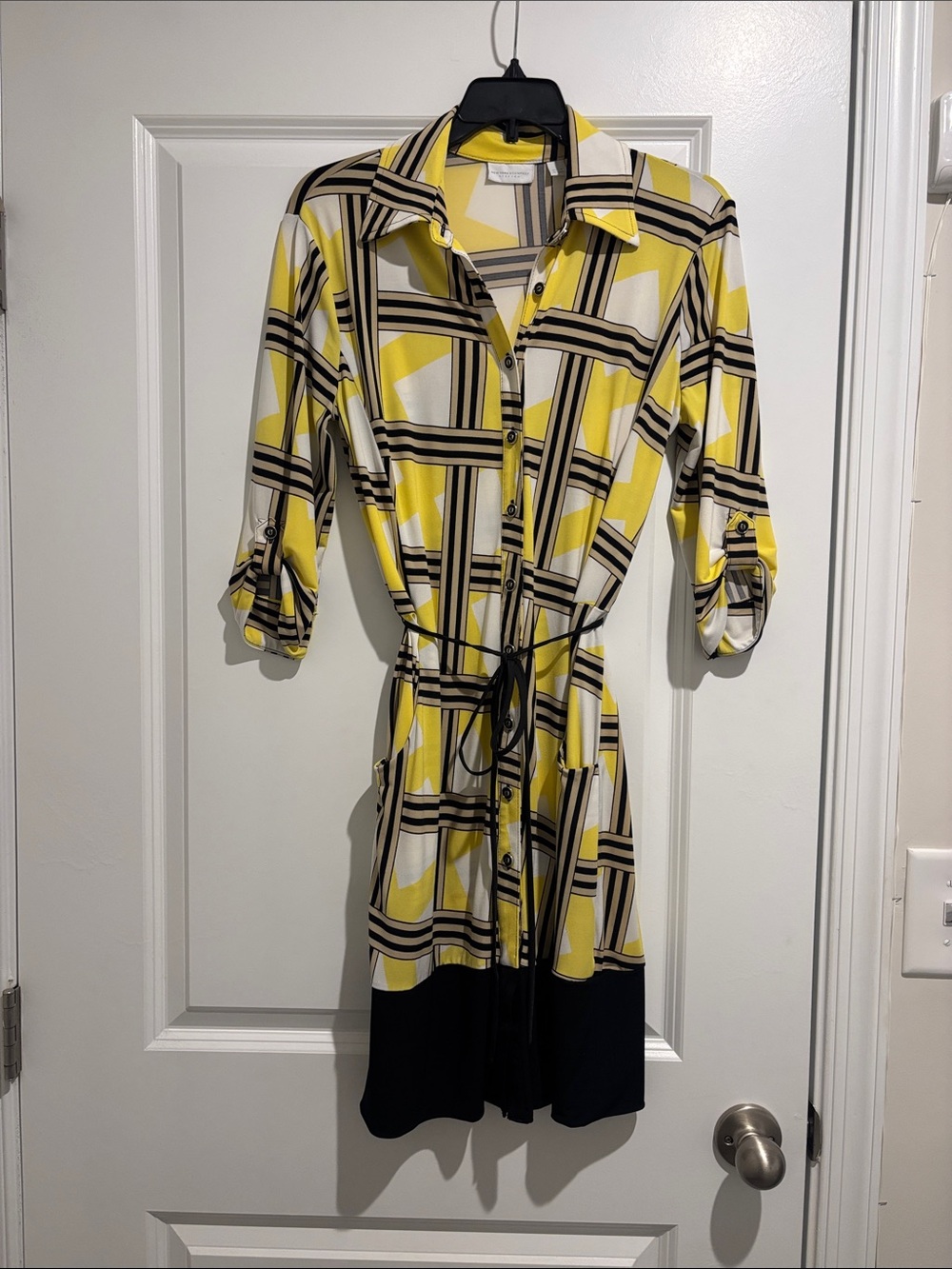 Yellow, Black and White Geometric Midi Shirt Dress